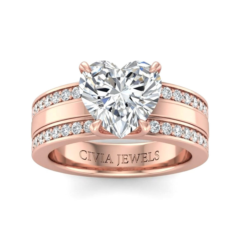 Rose Gold Heart Diamond Multirow Engagement Ring With Four Prong Setting And Pavé Side Bands