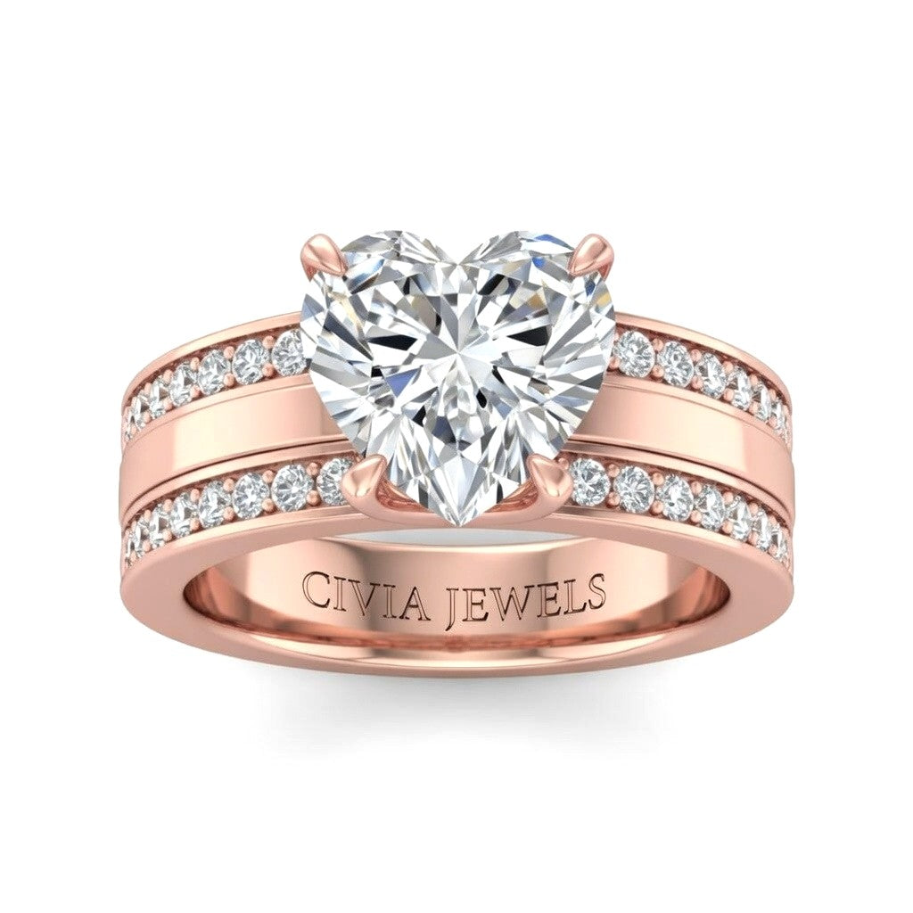 Rose Gold Heart Diamond Multirow Engagement Ring With Four Prong Setting And Pavé Side Bands