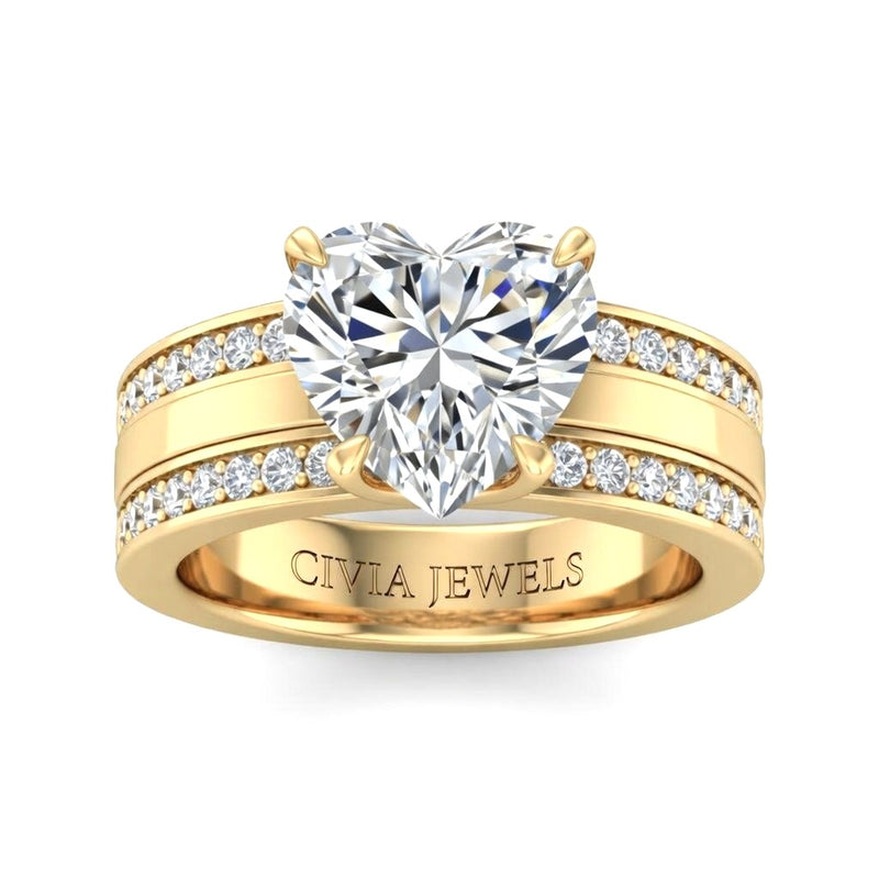 Yellow Gold Heart Diamond Multirow Engagement Ring With Four Prong Setting And Pavé Side Bands