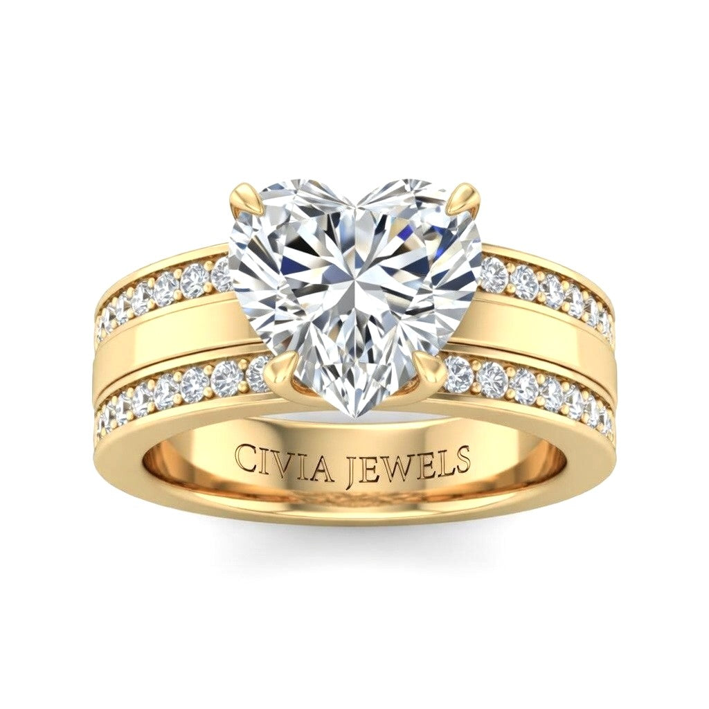Yellow Gold Heart Diamond Multirow Engagement Ring With Four Prong Setting And Pavé Side Bands