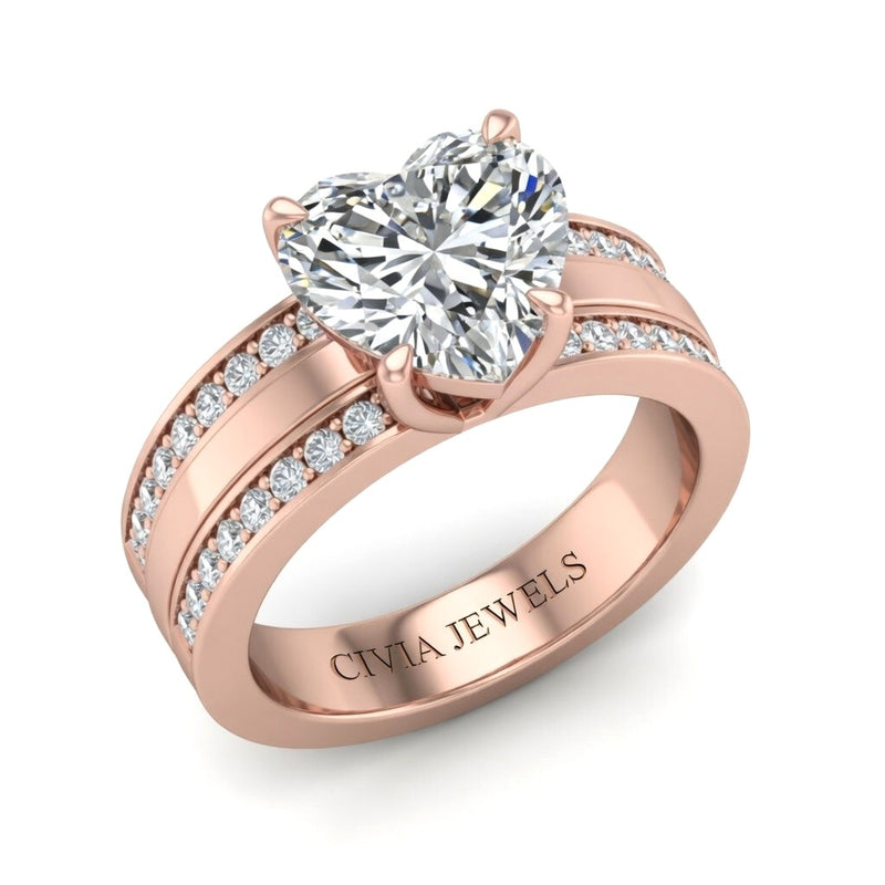 Rose Gold Heart Diamond Multirow Engagement Ring With Four Prong Setting And Pavé Side Bands