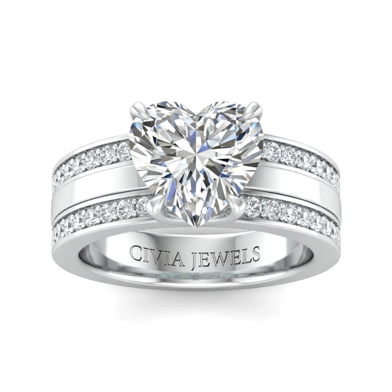 White Gold Heart Diamond Multirow Engagement Ring With Four Prong Setting And Pavé Side Bands