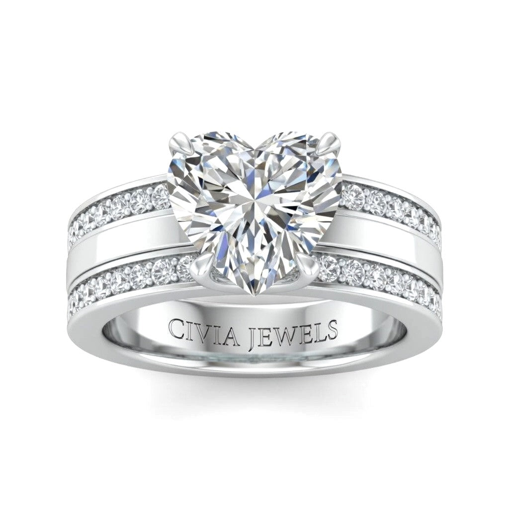 White Gold Heart Diamond Multirow Engagement Ring With Four Prong Setting And Pavé Side Bands