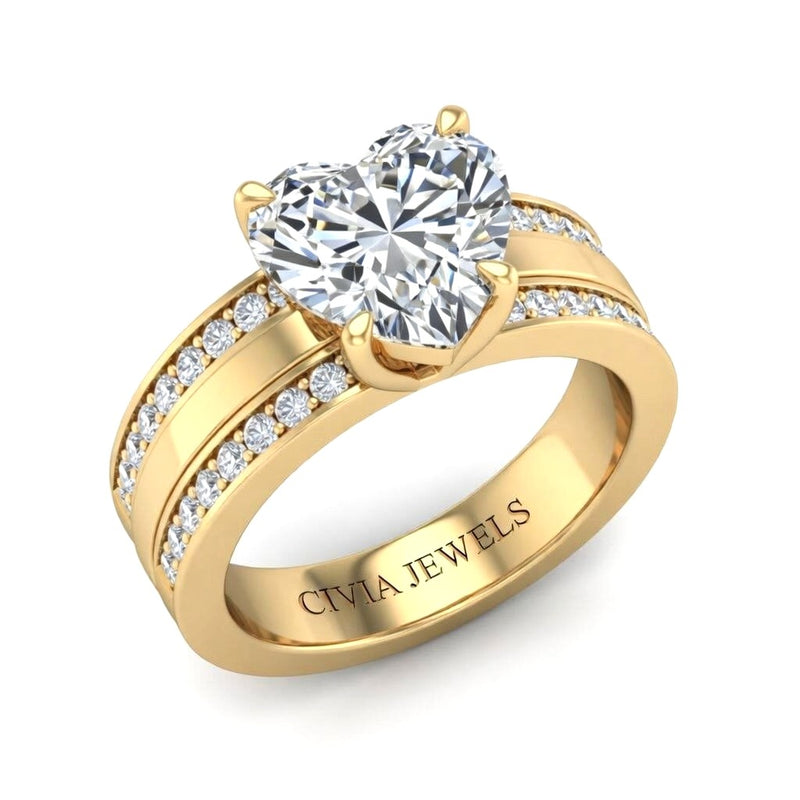 Yellow Gold Heart Diamond Multirow Engagement Ring With Four Prong Setting And Pavé Side Bands