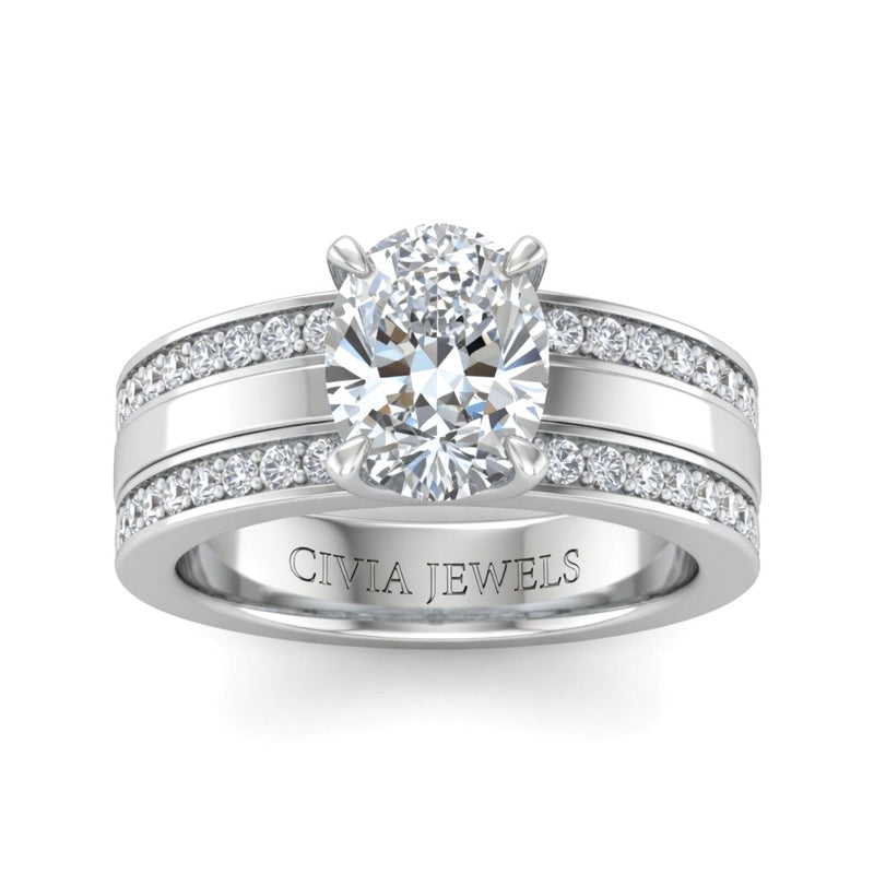 White Gold Oval Diamond Multirow Engagement Ring With Four Prong Setting And Pavé Side Bands