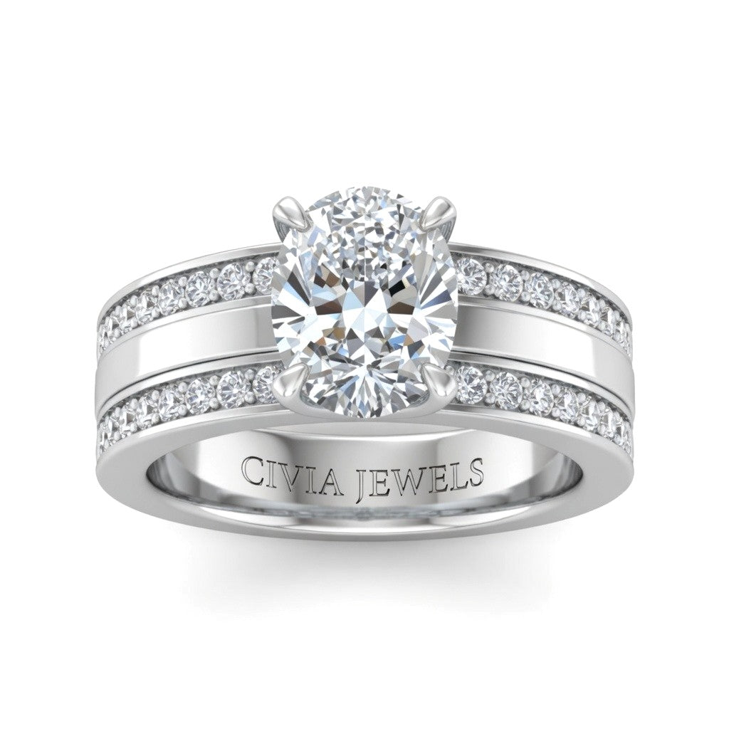 White Gold Oval Diamond Multirow Engagement Ring With Four Prong Setting And Pavé Side Bands