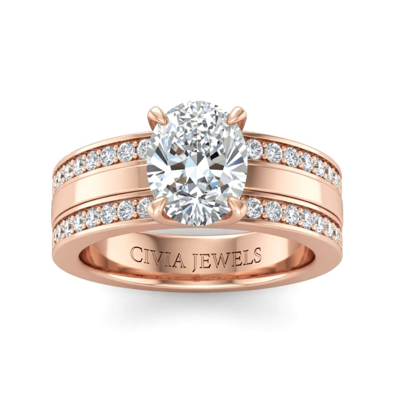 Rose Gold Oval Diamond Multirow Engagement Ring With Four Prong Setting And Pavé Side Bands