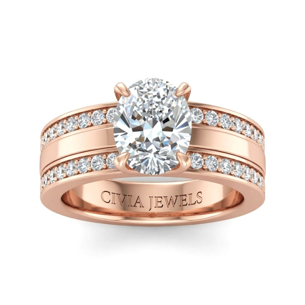 Rose Gold Oval Diamond Multirow Engagement Ring With Four Prong Setting And Pavé Side Bands