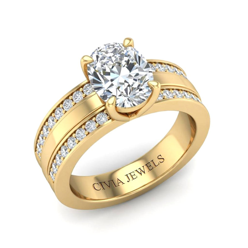 Yellow Gold Oval Diamond Multirow Engagement Ring With Four Prong Setting And Pavé Side Bands