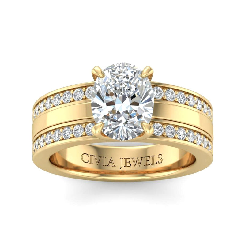 Yellow Gold Oval Diamond Multirow Engagement Ring With Four Prong Setting And Pavé Side Bands