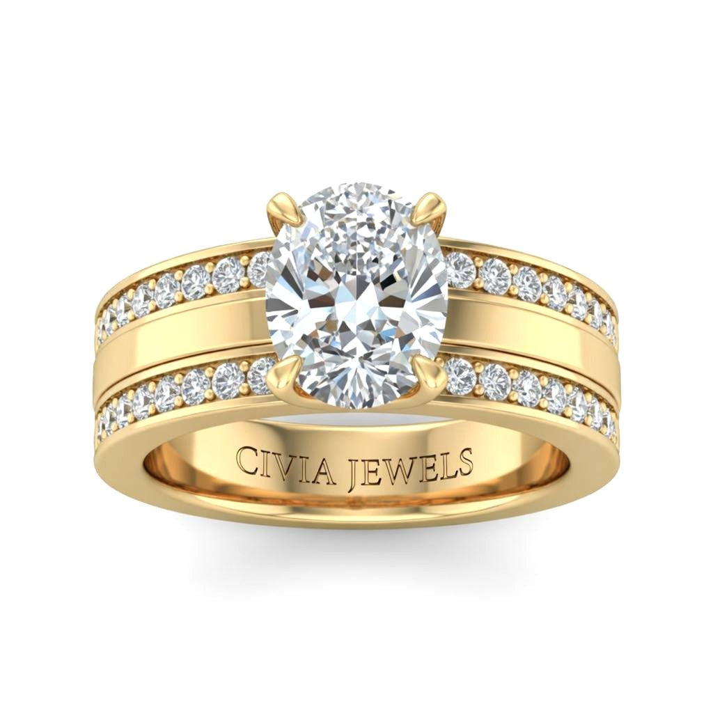 Yellow Gold Oval Diamond Multirow Engagement Ring With Four Prong Setting And Pavé Side Bands