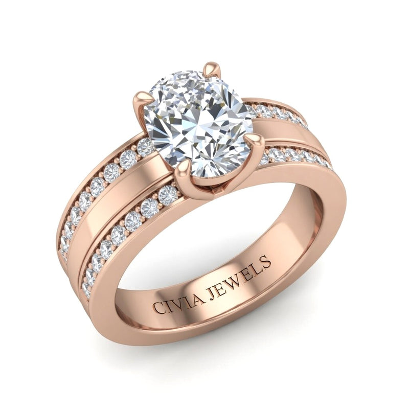 Rose Gold Oval Diamond Multirow Engagement Ring With Four Prong Setting And Pavé Side Bands