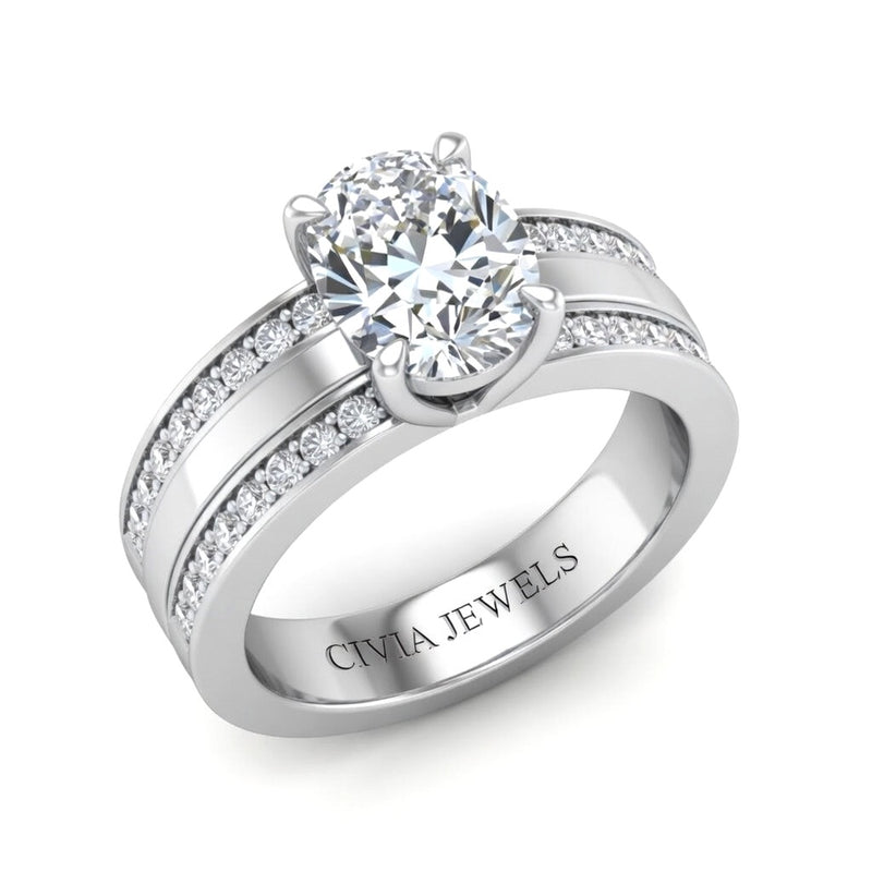White Gold Oval Diamond Multirow Engagement Ring With Four Prong Setting And Pavé Side Bands