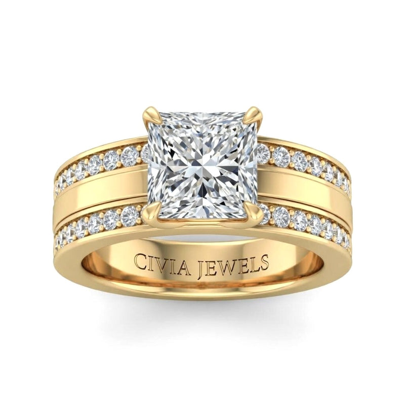 Yellow Gold Princess Diamond Multirow Engagement Ring With Four Prong Setting And Pavé Side Bands