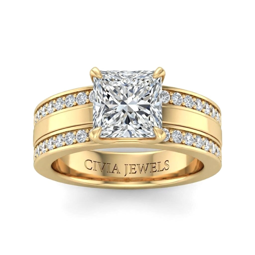 Yellow Gold Princess Diamond Multirow Engagement Ring With Four Prong Setting And Pavé Side Bands