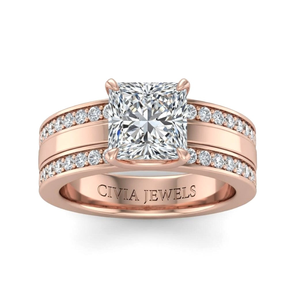 Rose Gold Princess Diamond Multirow Engagement Ring With Four Prong Setting And Pavé Side Bands