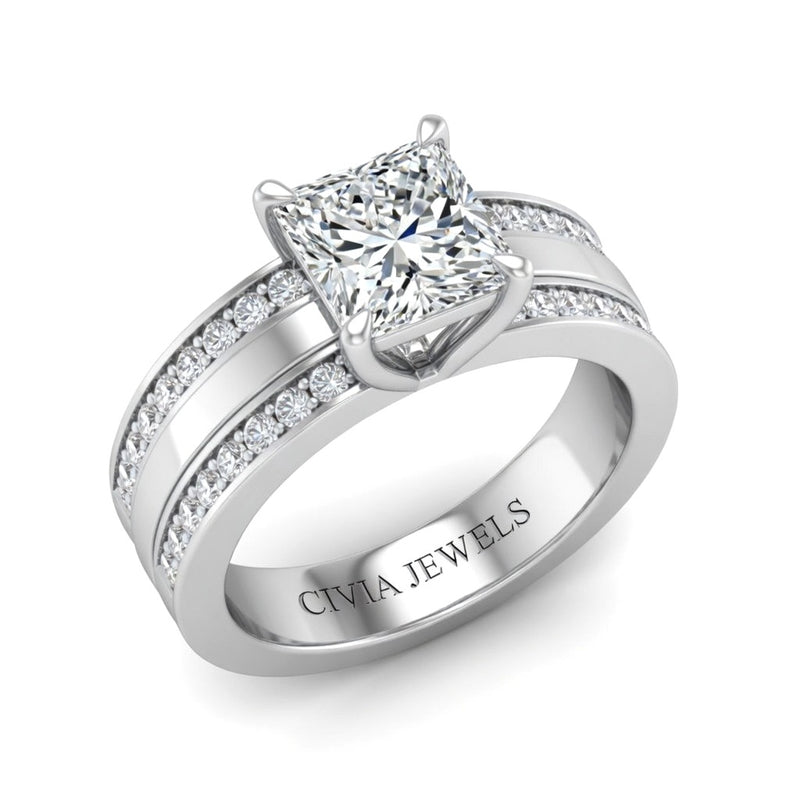 Silver Princess Diamond Multirow Engagement Ring With Four Prong Setting And Pavé Side Bands