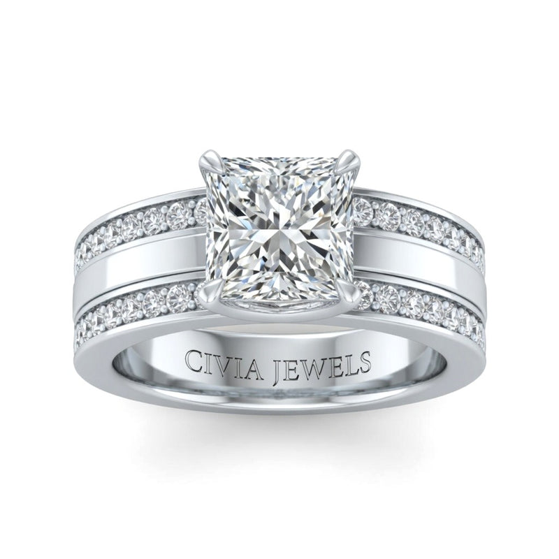 Silver Princess Diamond Multirow Engagement Ring With Four Prong Setting And Pavé Side Bands