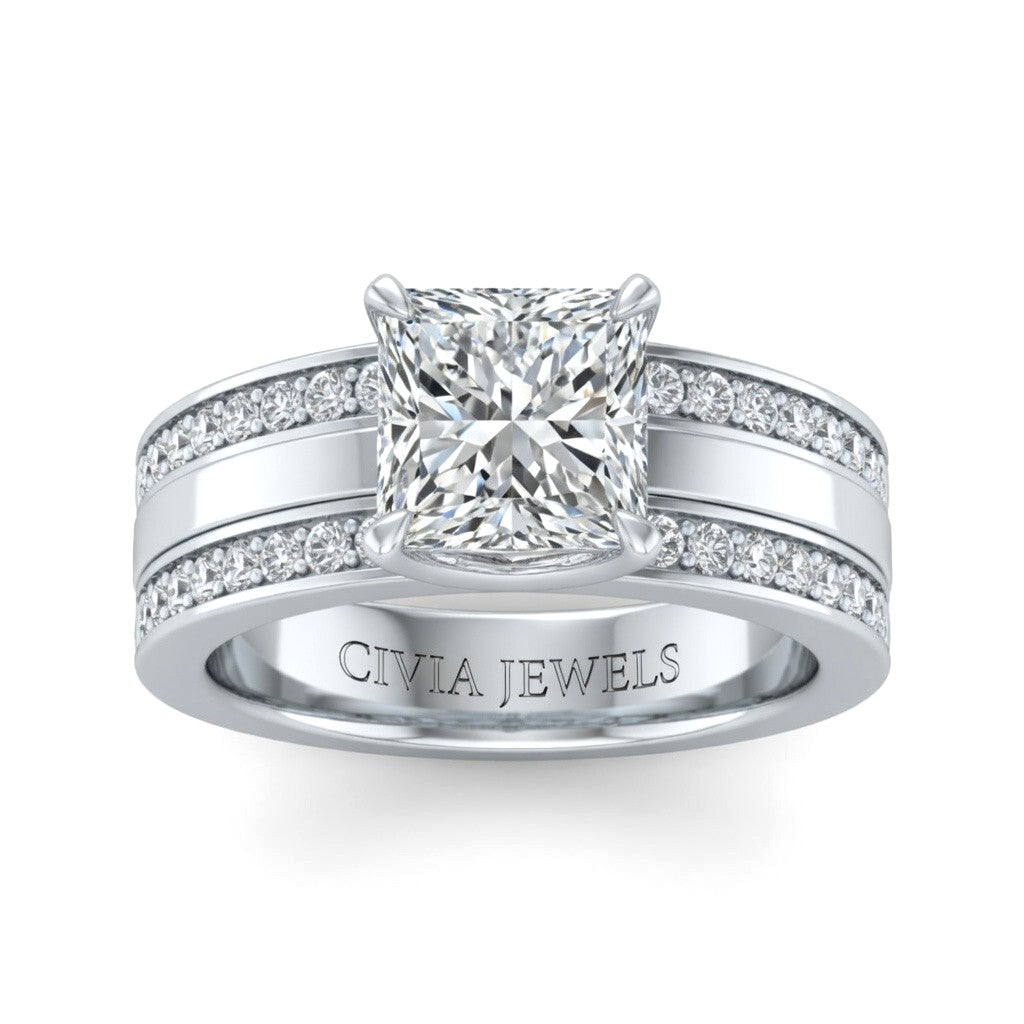 Silver Princess Diamond Multirow Engagement Ring With Four Prong Setting And Pavé Side Bands