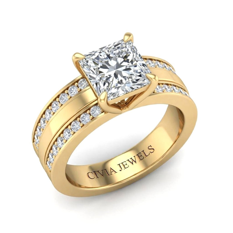 Yellow Gold Princess Diamond Multirow Engagement Ring With Four Prong Setting And Pavé Side Bands