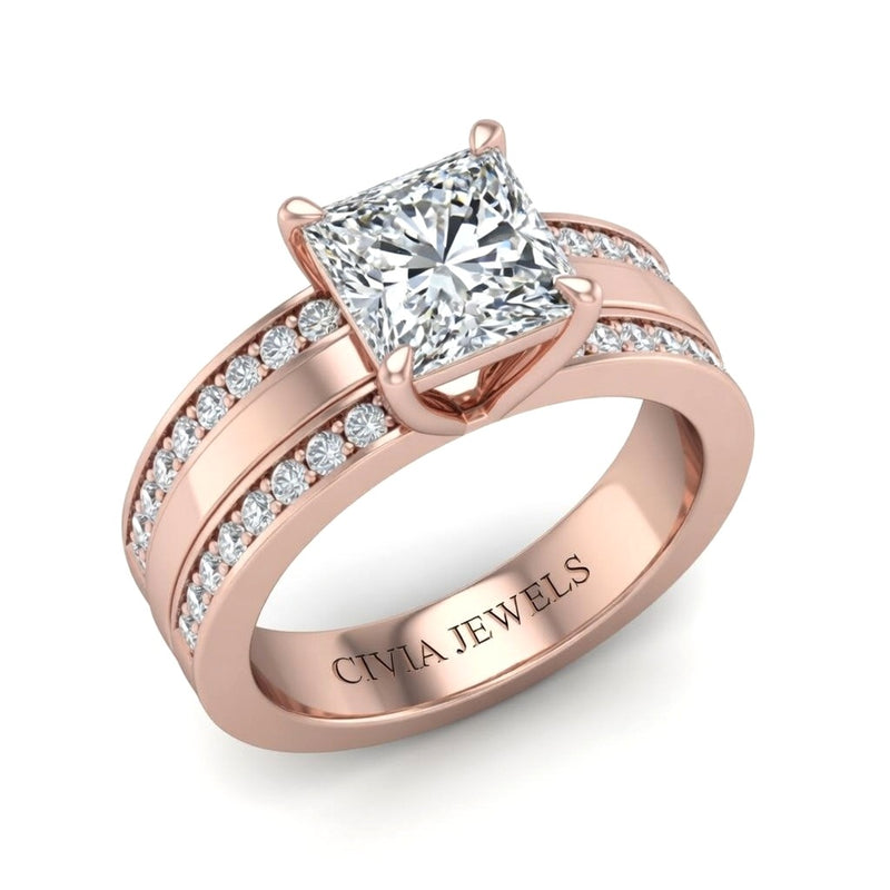 Rose Gold Princess Diamond Multirow Engagement Ring With Four Prong Setting And Pavé Side Bands