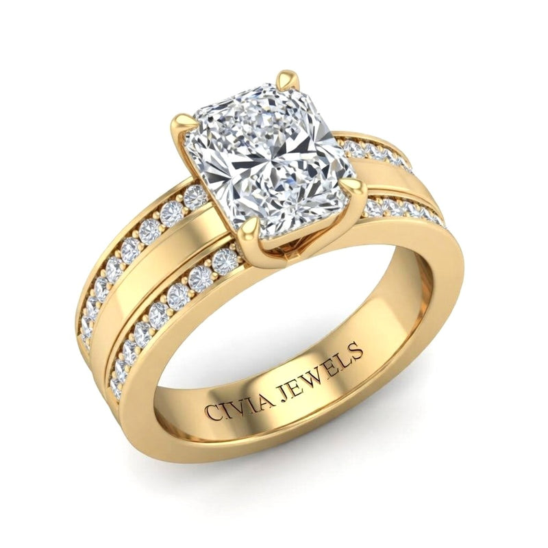 Yellow Gold Radiant Diamond Multirow Engagement Ring With Four Prong Setting And Pavé Side Bands