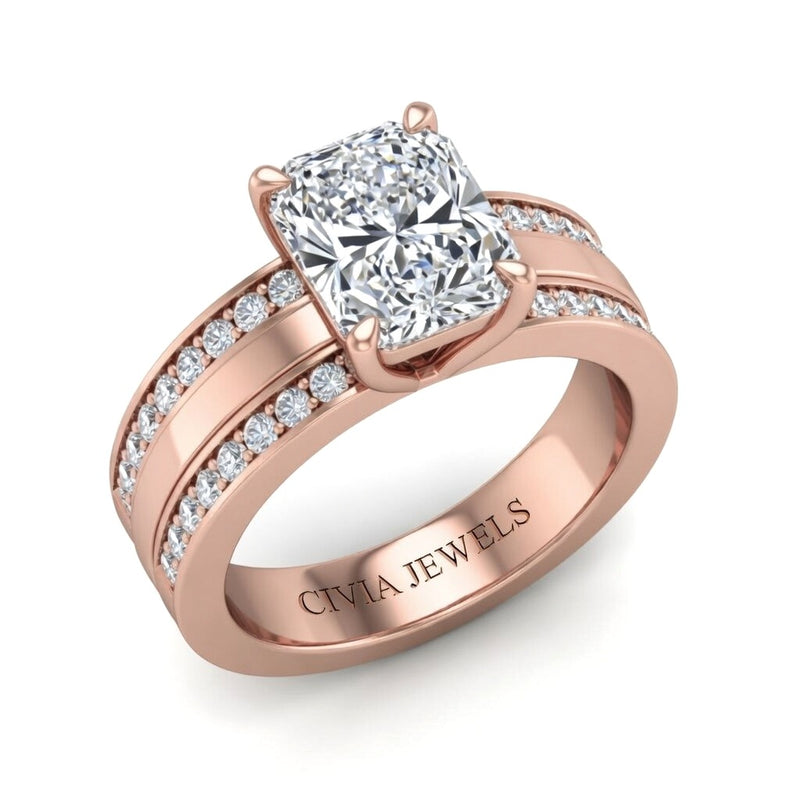 Rose Gold Radiant Diamond Multirow Engagement Ring With Four Prong Setting And Pavé Side Bands