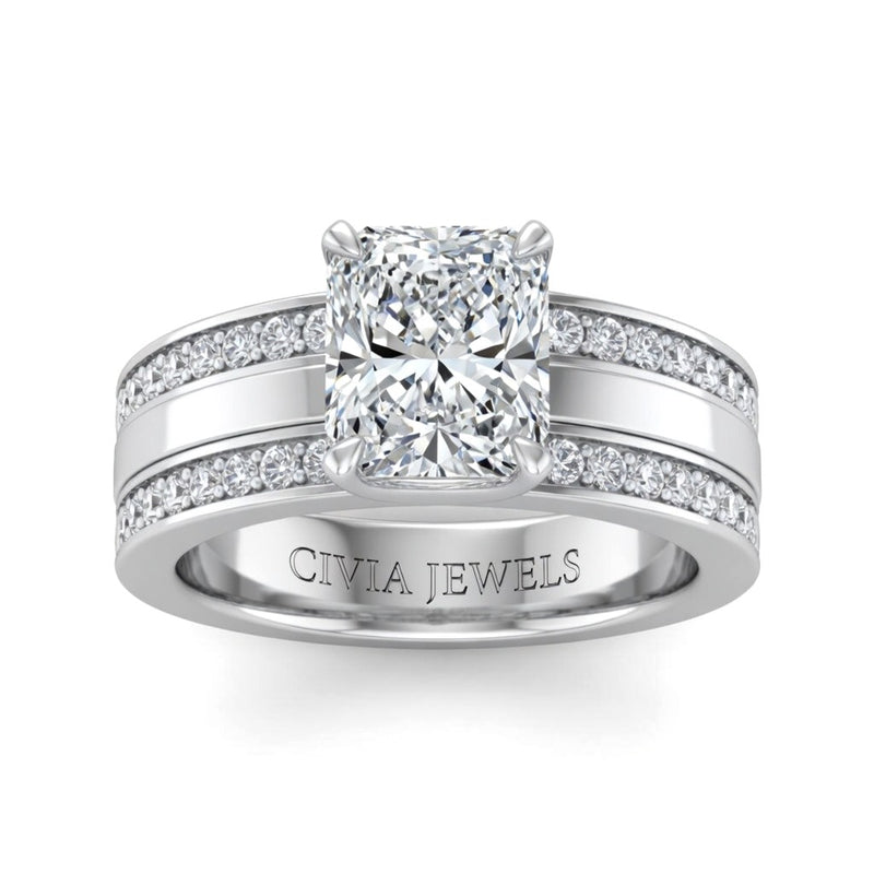 White Gold Radiant Diamond Multirow Engagement Ring With Four Prong Setting And Pavé Side Bands