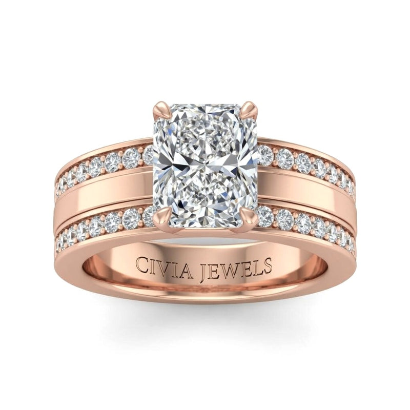 Rose Gold Radiant Diamond Multirow Engagement Ring With Four Prong Setting And Pavé Side Bands