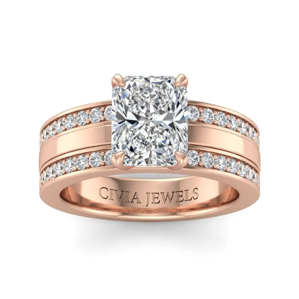 Rose Gold Radiant Diamond Multirow Engagement Ring With Four Prong Setting And Pavé Side Bands