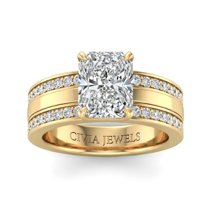 Yellow Gold Radiant Diamond Multirow Engagement Ring With Four Prong Setting And Pavé Side Bands