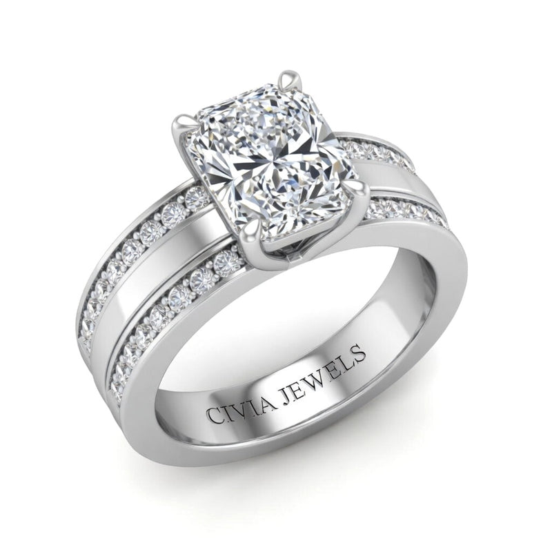 Silver Radiant Diamond Multirow Engagement Ring With Four Prong Setting And Pavé Side Bands