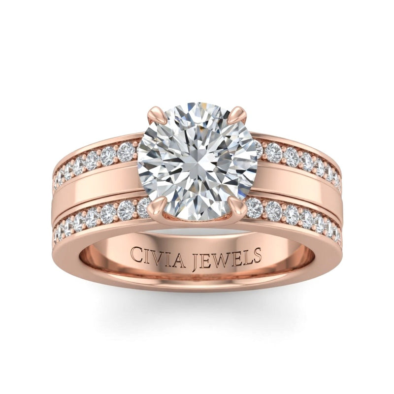 Rose Gold Round Diamond Multirow Engagement Ring With Four Prong Setting And Pavé Side Bands