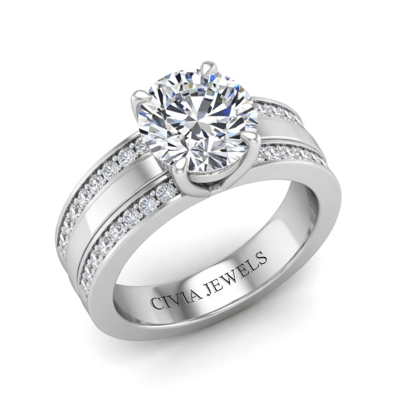Silver Round Diamond Multirow Engagement Ring With Four Prong Setting And Pavé Side Bands
