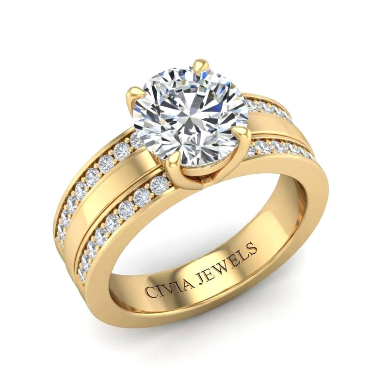 Yellow Gold Round Diamond Multirow Engagement Ring With Four Prong Setting And Pavé Side Bands