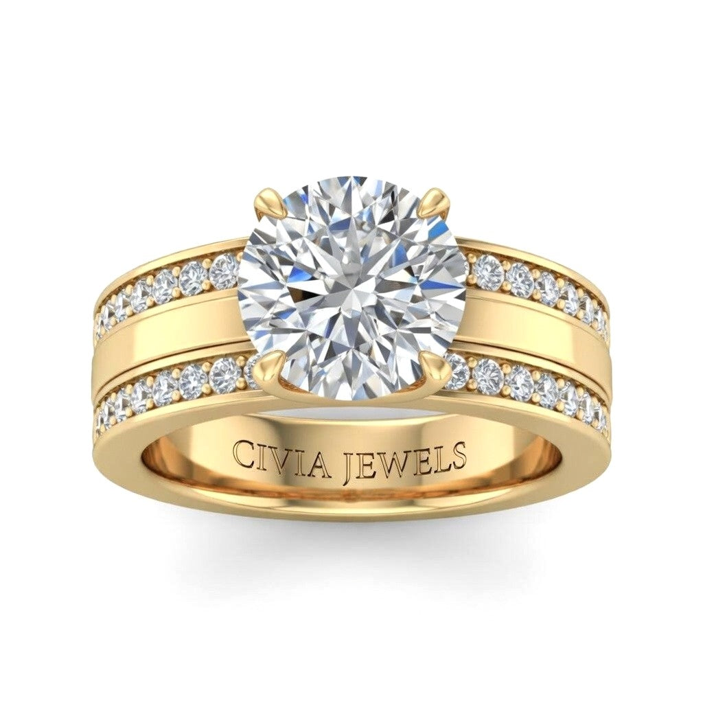 Yellow Gold Round Diamond Multirow Engagement Ring With Four Prong Setting And Pavé Side Bands