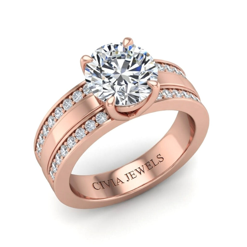 Rose Gold Round Diamond Multirow Engagement Ring With Four Prong Setting And Pavé Side Bands
