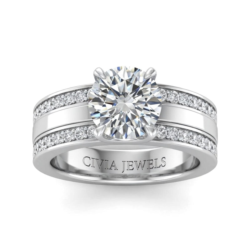 White Gold Round Diamond Multirow Engagement Ring With Four Prong Setting And Pavé Side Bands