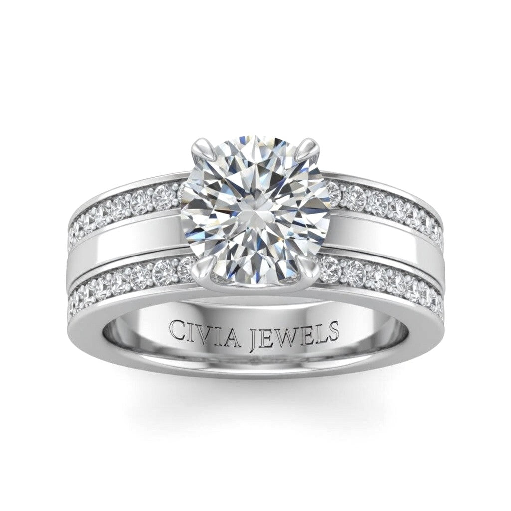 White Gold Round Diamond Multirow Engagement Ring With Four Prong Setting And Pavé Side Bands