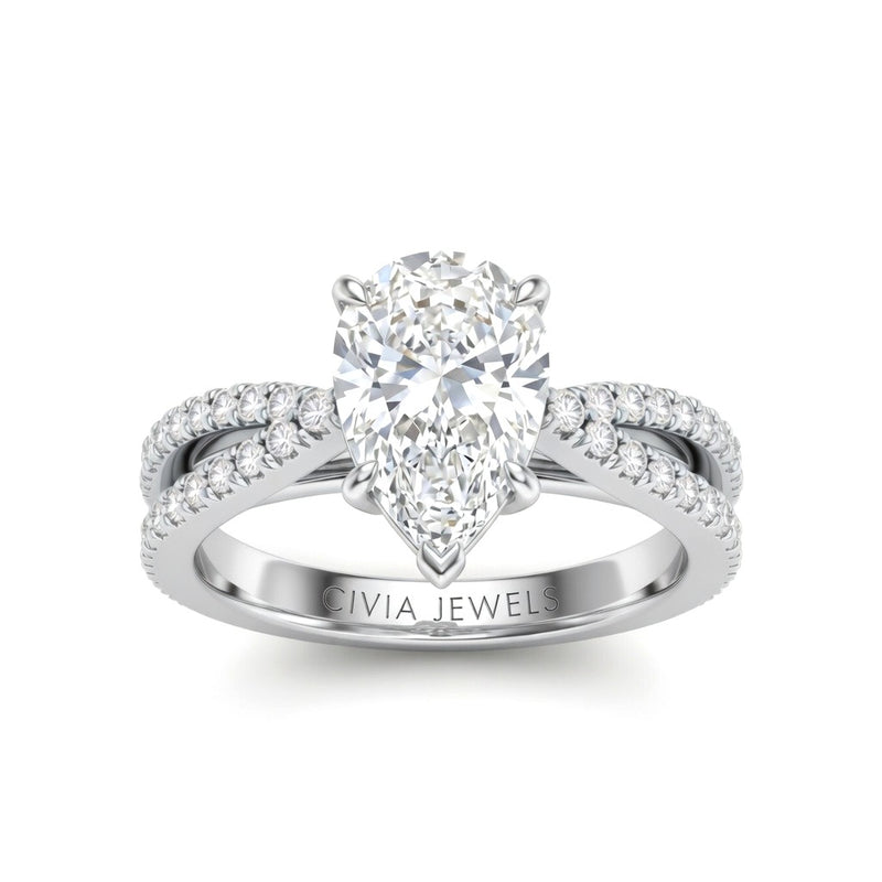 White Gold Pear Cut Elevated Solitaire With Diamond Pavé Twisted Split Shank Engagement Ring