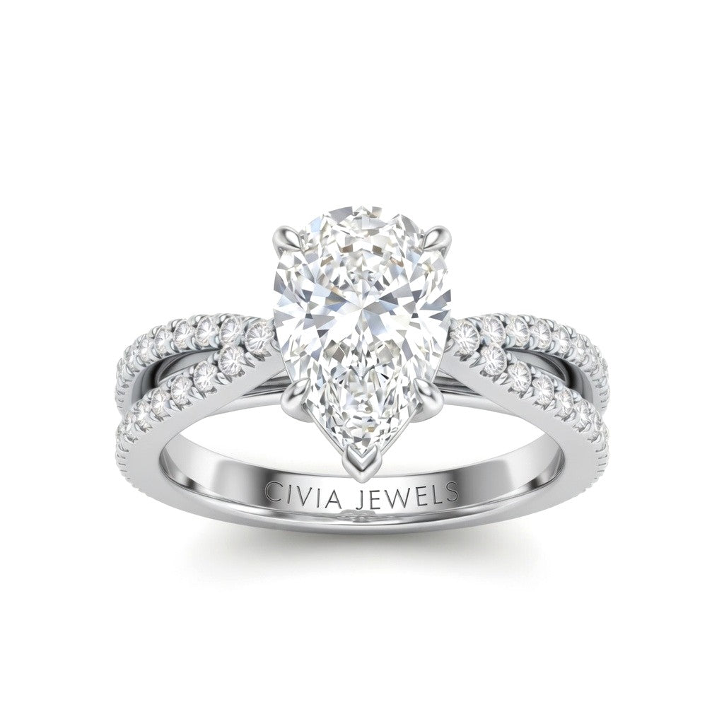 White Gold Pear Cut Elevated Solitaire With Diamond Pavé Twisted Split Shank Engagement Ring