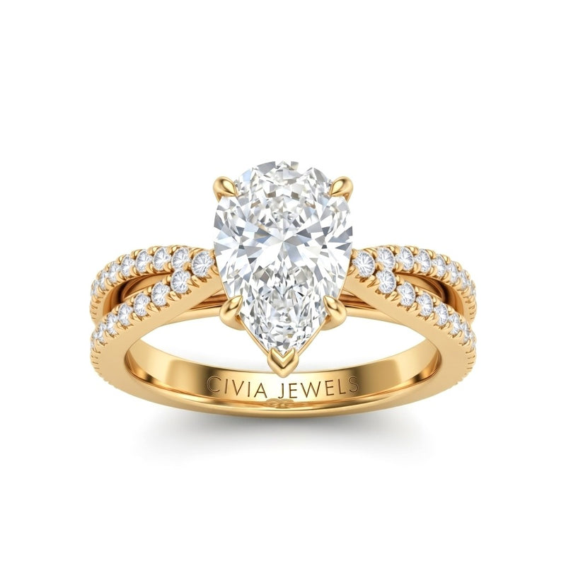 Yellow Gold Pear Cut Elevated Solitaire With Diamond Pavé Twisted Split Shank Engagement Ring