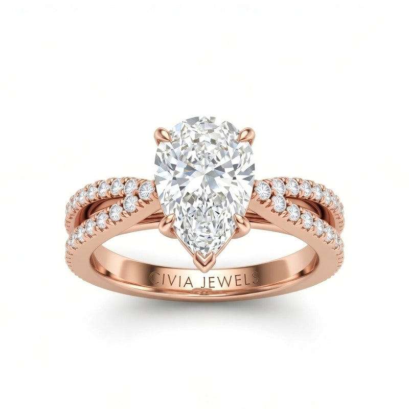 Rose Gold Pear Cut Elevated Solitaire With Diamond Pavé Twisted Split Shank Engagement Ring