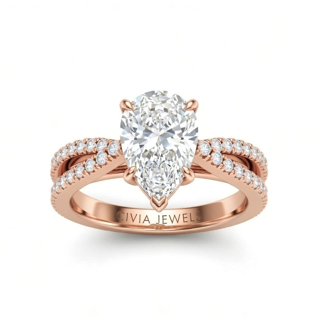 Rose Gold Pear Cut Elevated Solitaire With Diamond Pavé Twisted Split Shank Engagement Ring