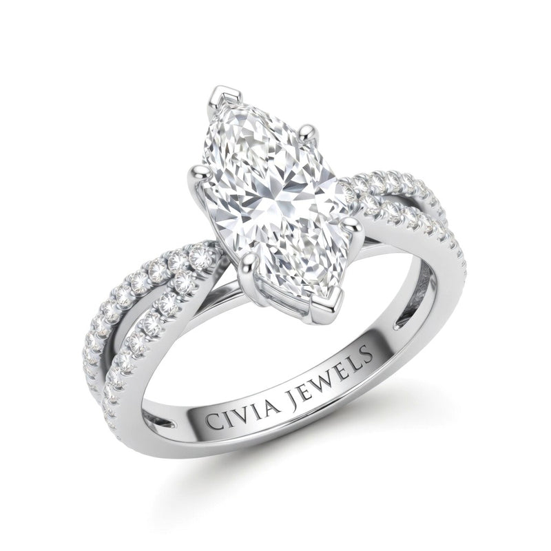 Silver Marquise Cut Elevated Solitaire With Diamond Pavé Twisted Split Shank Engagement Ring