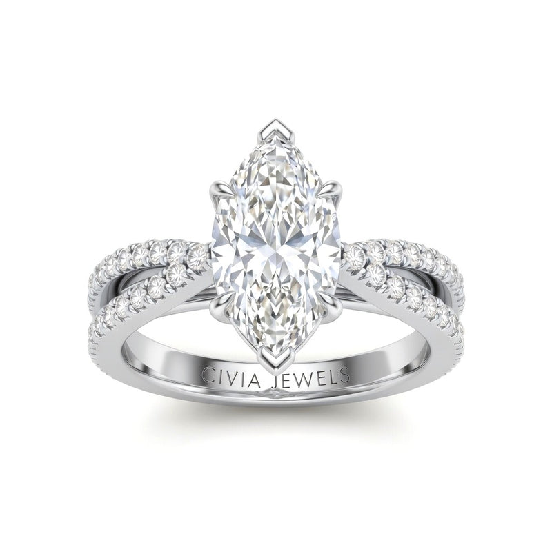 Silver Marquise Cut Elevated Solitaire With Diamond Pavé Twisted Split Shank Engagement Ring