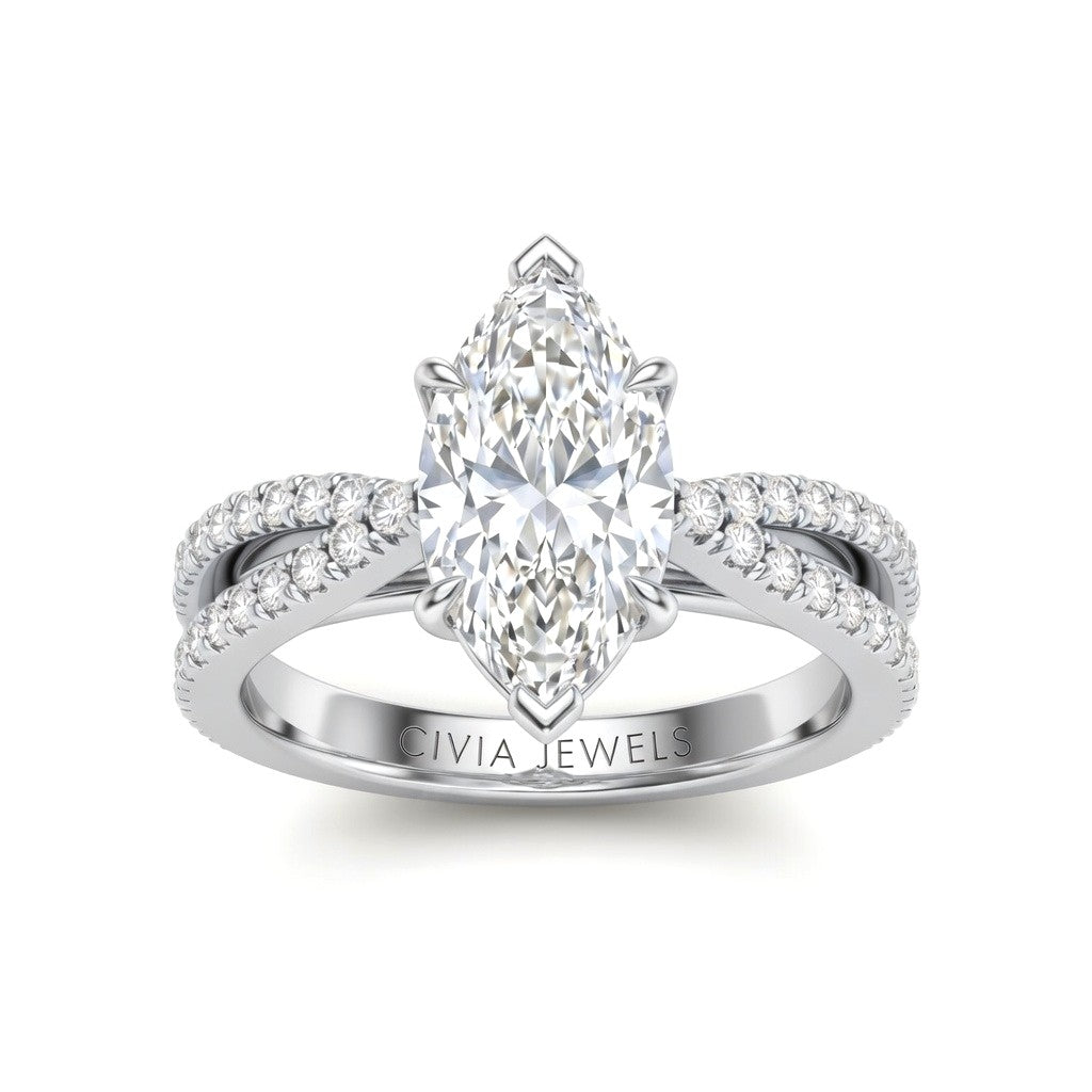 Silver Marquise Cut Elevated Solitaire With Diamond Pavé Twisted Split Shank Engagement Ring