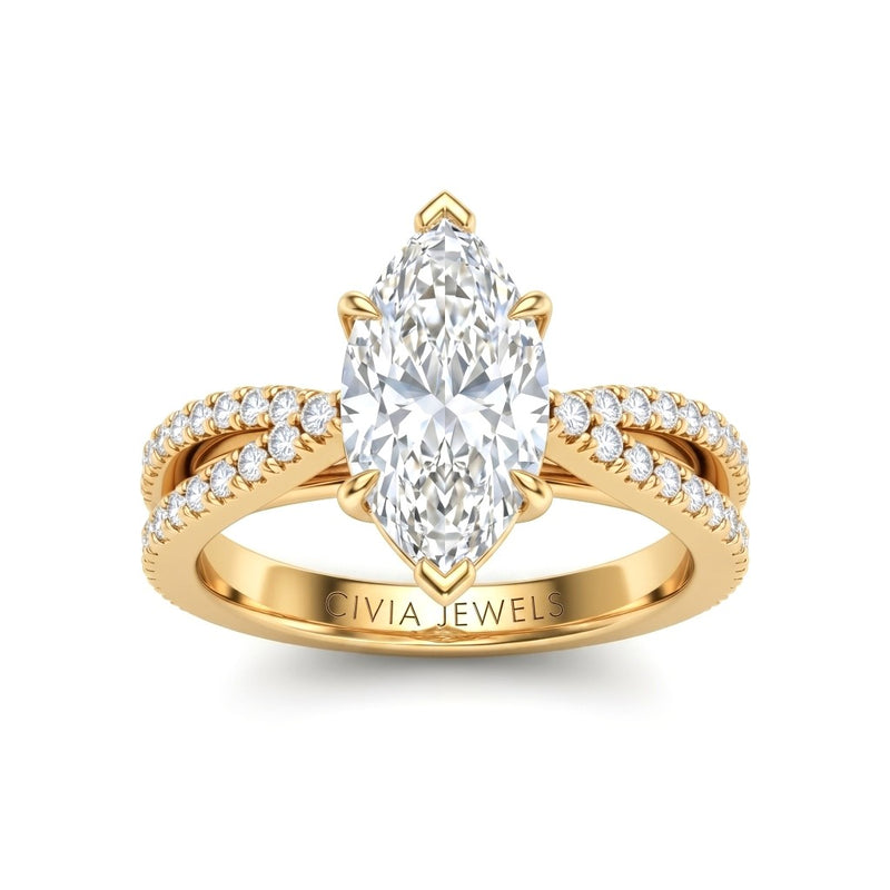 Yellow Gold Marquise Cut Elevated Solitaire With Diamond Pavé Twisted Split Shank Engagement Ring