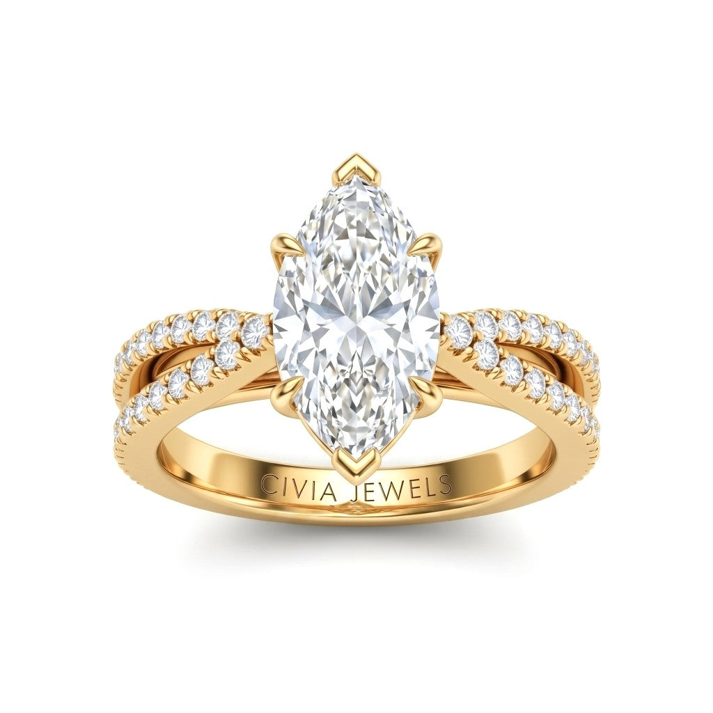 Yellow Gold Marquise Cut Elevated Solitaire With Diamond Pavé Twisted Split Shank Engagement Ring