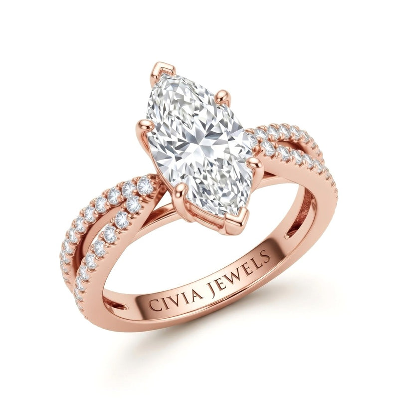Rose Gold Marquise Cut Elevated Solitaire With Diamond Pavé Twisted Split Shank Engagement Ring